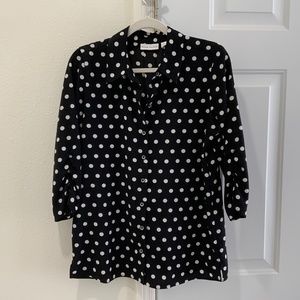 SUSAN GRAVER BLOUSE BLACK WITH WHITE POLKA DOT  3/4 RUCHED SLEEVES